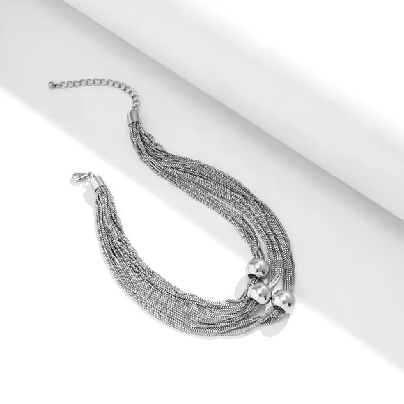 18K White Gold Plated Chunky Thick Layered Chain W/ Exaggerated Beads Necklace - Picture 7 of 7